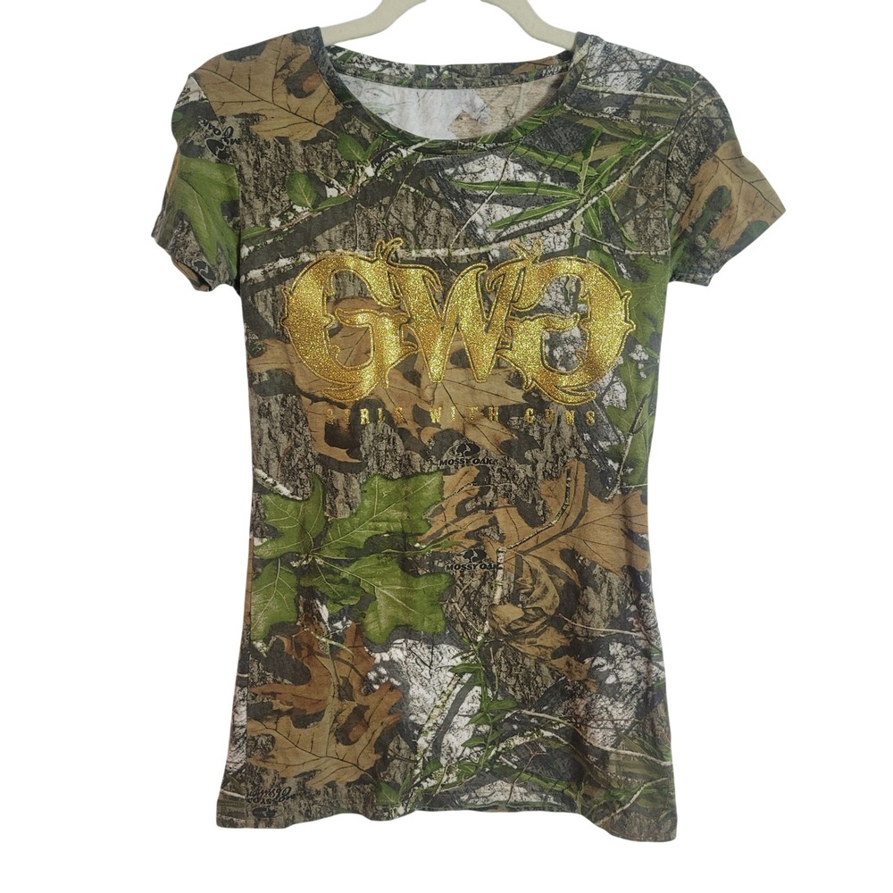 Girls With‎ Guns GWG Mossy Oak Camo Gold Glitter Graphic Tee Shirt Womens Small